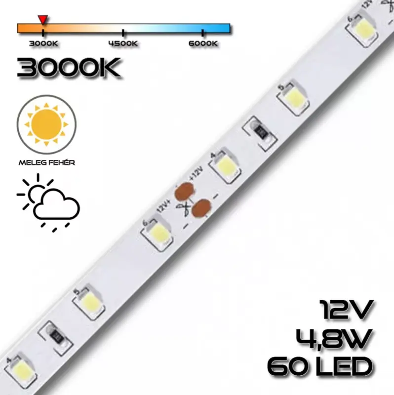 LEDSZALAG 2835WN 60led/m IP65 3000K 300lm 4,8W/m meleg fehér 70132 szilikon Vásárlói kedvenc