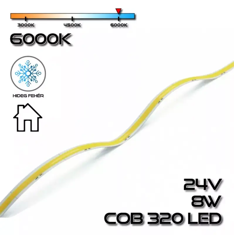 Rendeld meg most COB LEDSZALAG 320 led/m IP20 24V, 8W/m 760lm, 6000-6500K természetes fehér 75210