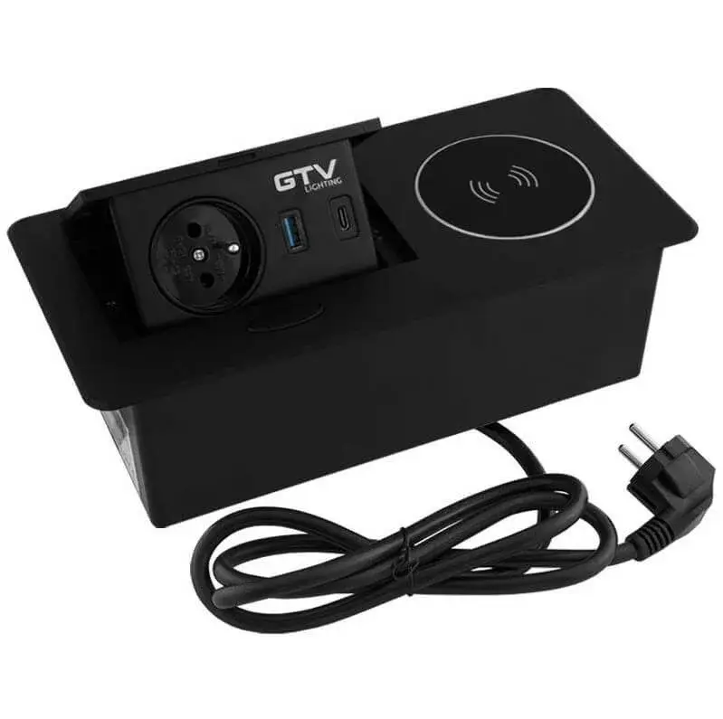 Alacsony ár GTV ASZTALBA SÜLLYESZTHETŐ IRODAI ELOSZTÓ, IP20, 1x230V, 2xUSB TÖLTŐ(5V, 2,4A),5W INDUKTÍV TÖLTŐ, GTV-AE-PB1SAVAP-20