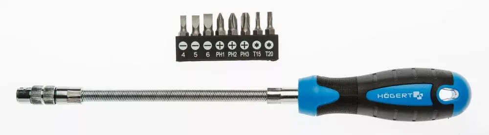 Högert Flexibilis szárú csavarhúzó cserélhető BIT fejekkel, 1/4", 180mm, CrV, 8db BIT (PH1, PH2, PH3, T1 HT1S090 Biztonságos vásárlás