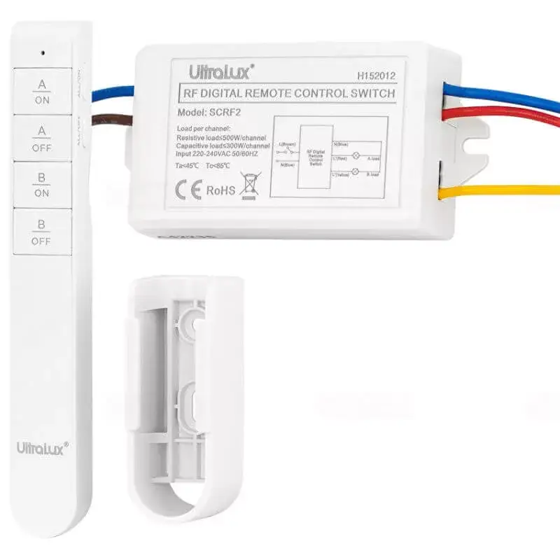 Olcsóbb Ultralux 2 csatornás RF távirányítós kapcsoló, vezeték nélküli szett, 240V AC, 30 méter, SCRF2
