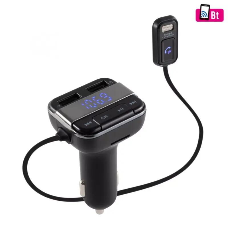 Prémium SAL FMBT MIC autós kihangosító és töltő, beépített vezetékes mikrofon, feszültségmérő, Siri, Google Assistant, dupla USB gyorstöltő, FMBT_MIC