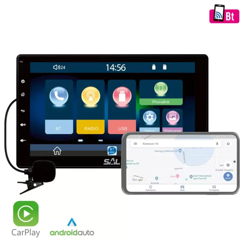 Népszerű SAL VB X1000 autórádió és multimédiás lejátszó, 4 x 45 W, 2 + 1 RCA, CarPlay, Android Auto, USB Mirror Link, VB_X1000