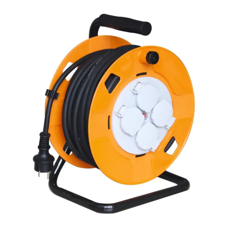 Gyors kiszállítás Home HJR 10-30 kábeldob, 30 m, fém talp, IP44-es védelem, H07RN-F 3G1,5 mm2 kábel gumi kábel, max. 3000 W, 4 aljzat takarófedéllel, védőkapcsoló, HJR_10-30