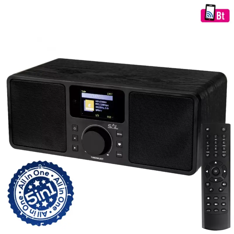 Végkiárusítás SAL INR 5000/BK internetrádió, 5 in 1, 2x5 W, Bass reflex, világrádió, FM RDS, BT, AUX, Média Center hálózati zenetár, EQ, INR_5000_BK