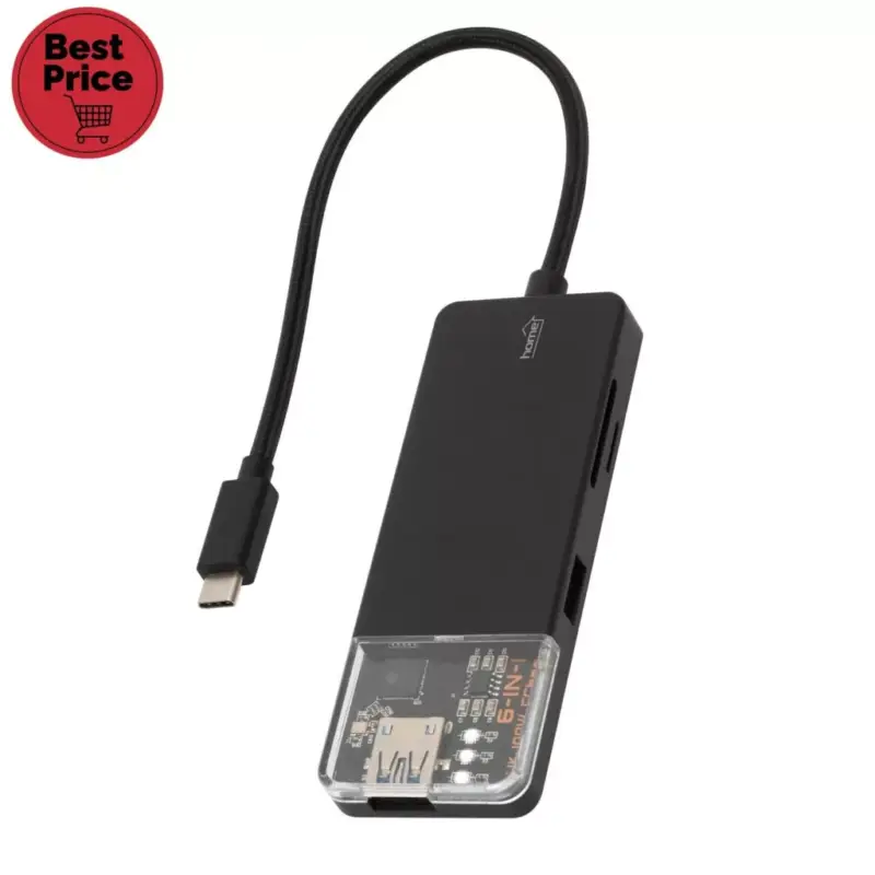 Olcsóbb Home USBHUB6 dokkoló állomás, 4K HDMI, egér, billentyűzet, TF/microSD, SD, USB tároló, merevlemez, ~100 W PD, plug & play, LED visszajelzés