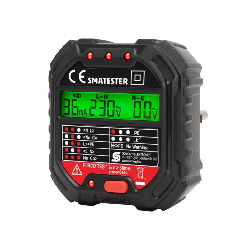Kiárusítás Home SMATESTER konnektor teszter, LED visszajelzők, Voltmérő, L-N, N-E, RCD mA, Fi és RCD relé ellenőrző, elem nélkül, max. 250 V~ aljzatokhoz