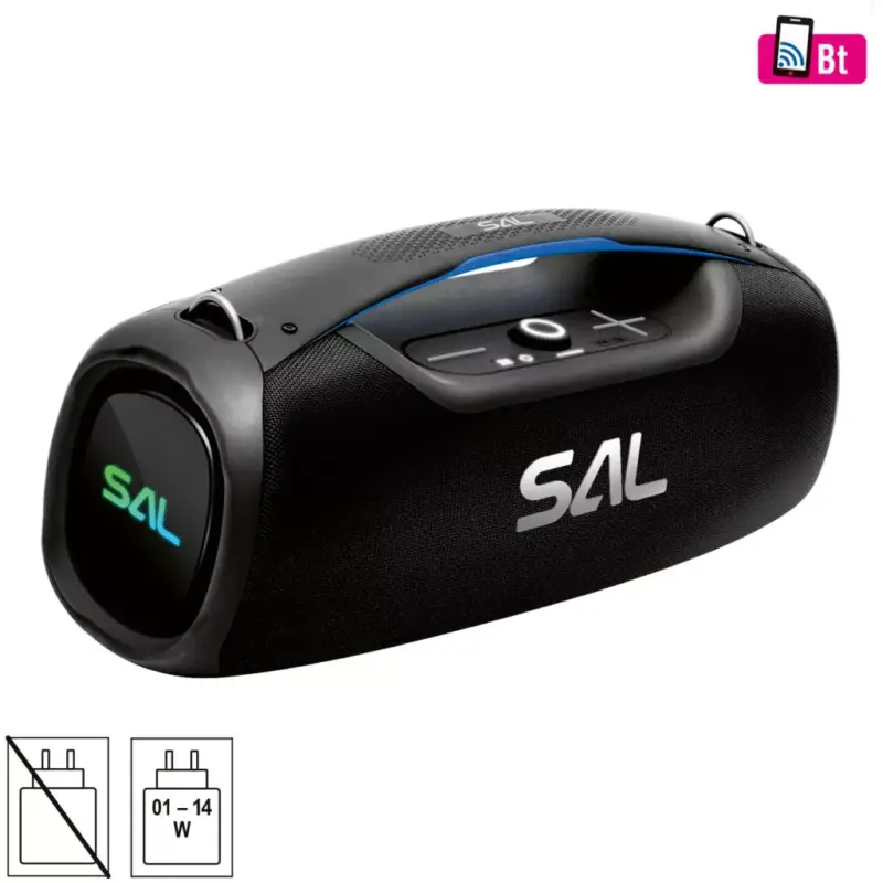 Legjobb ár SAL BT9000 hordozható boombox, vezeték nélküli hangszóró, 100 W, IPX5, BT TWS, AUX, USB/microSD, Soft Touch gombok, ~10 h üzemidő, USB-C töltőkábel