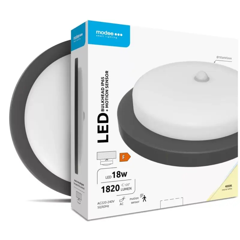Modee LED Bulkhead Kerek 18W 4000K (D195x45mm) IP65+PIR (1820 lumen) fekete ERP Akció