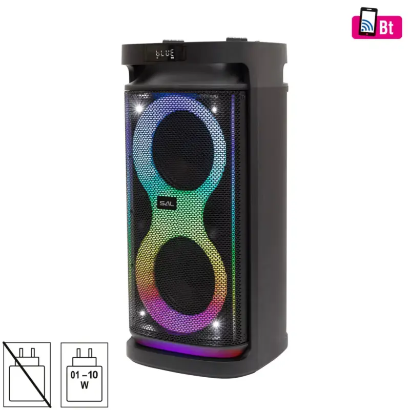 Outlet SAL PAR2100BT party hangdoboz, 80W, beépített akkumulátor és LED fénnyel, Bluetooth, FM rádió, AUX és mikrofon bemenetek, 2-utas, 3 hangszóró