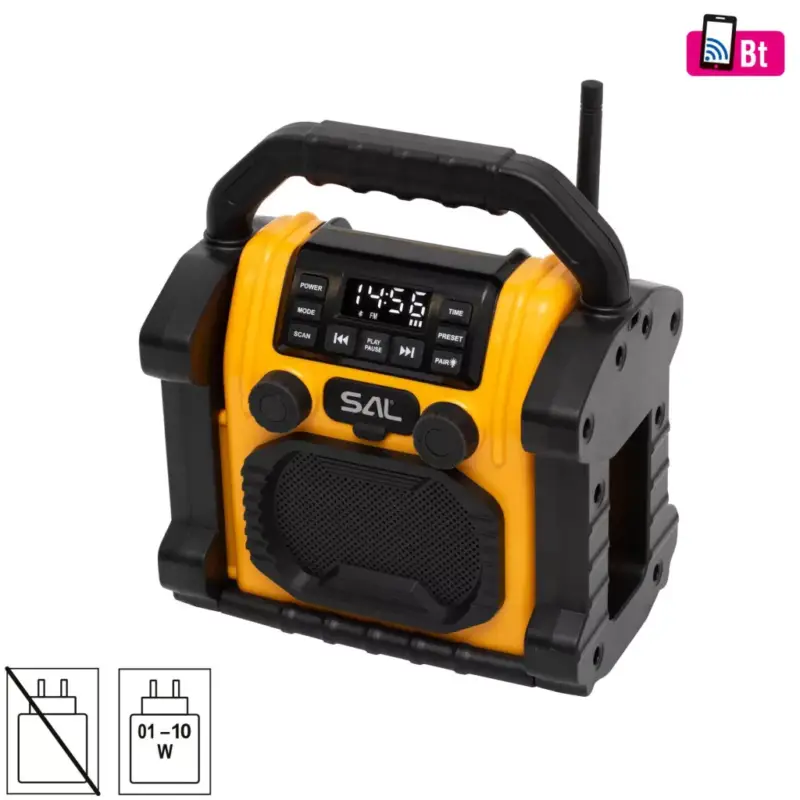 Olcsó SAL BTWORKPRO munka- és szabadidő hangszóró, multimédia lejátszó, Bluetooth, LED lámpa, power bank, IP55, ütésálló