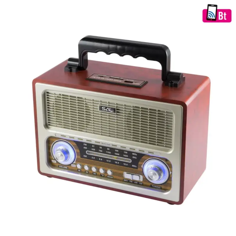Olcsó SAL RRT3 retro táskarádió, stereo multimédia lejátszó, BT, USB/microSD, AUX, 3-sávos rádió, hálózati/elemes