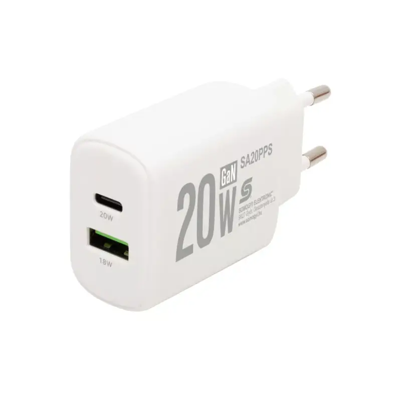 HOME SA20PPS USB hálózati gyorstöltő, 20 Watt, 2in1: USB-A + USB-C aljzat, QC + PD + PPS gyorstöltés, GaN technológia Különleges ajánlat