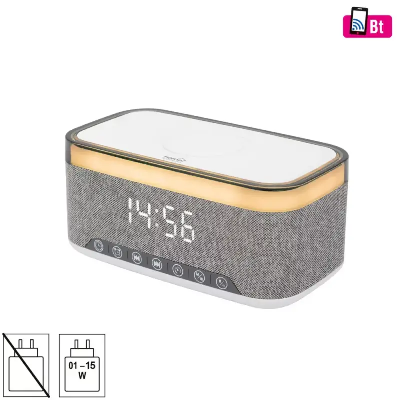 Újdonság HOME LTCR06 multimédia lejátszó és ébresztőóra, 2x5 Watt, Qi telefontöltés, Bluetooth TWS, FM rádió, LED kijelző, beépített akkumulátor