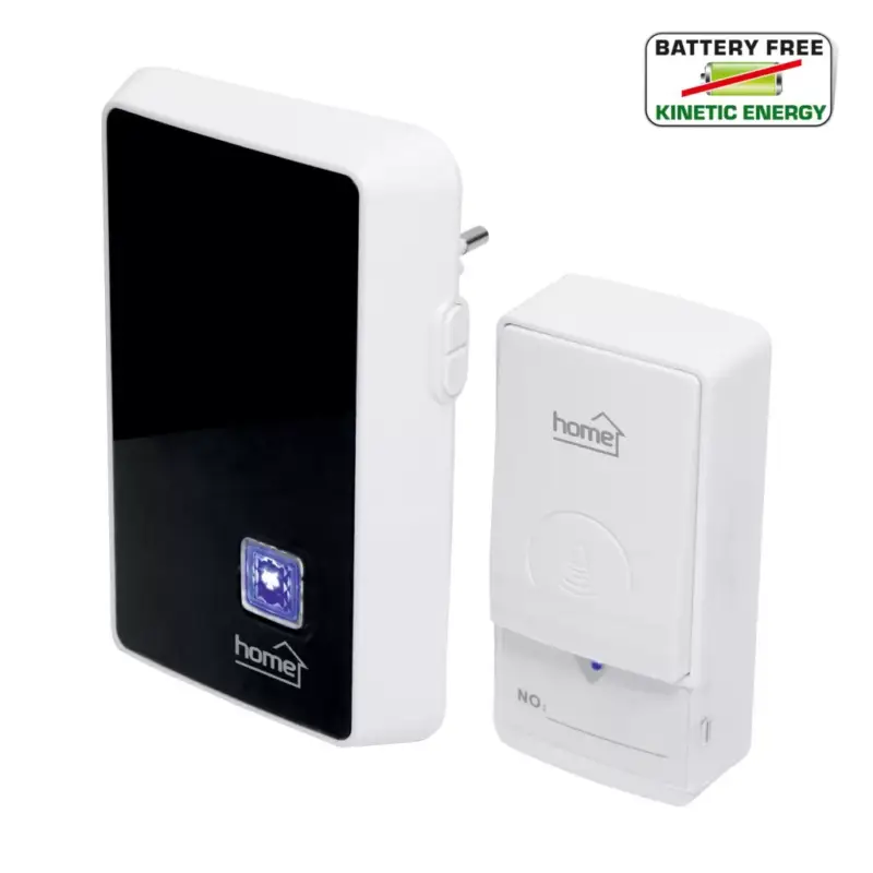 Azonnal elérhető Home DBK1010AC vezeték nélküli csengő, elem nélküli, 100m hatótáv, 20 dallam, 3-fokozatú hangerő, kék LED, kinetikus nyomógomb, 230V-os tápellátás