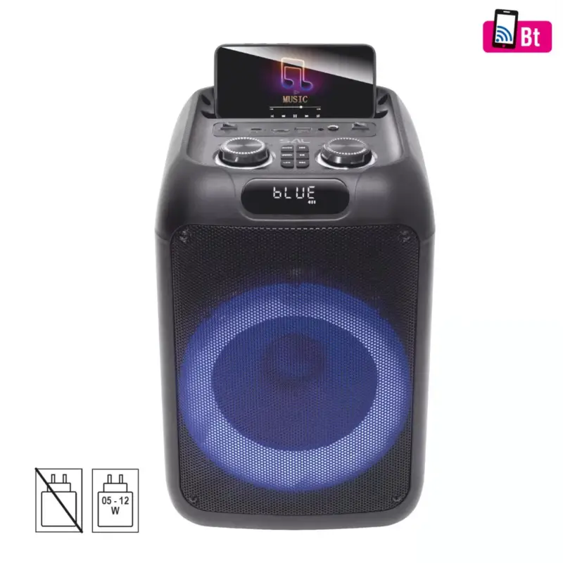 Szezonális akció SAL PAR200 hordozható party hangfal, 50W, 2-utas, erőteljes mélyhangzás, Bluetooth, MP3, digitális kijelző, LED fényeffekt