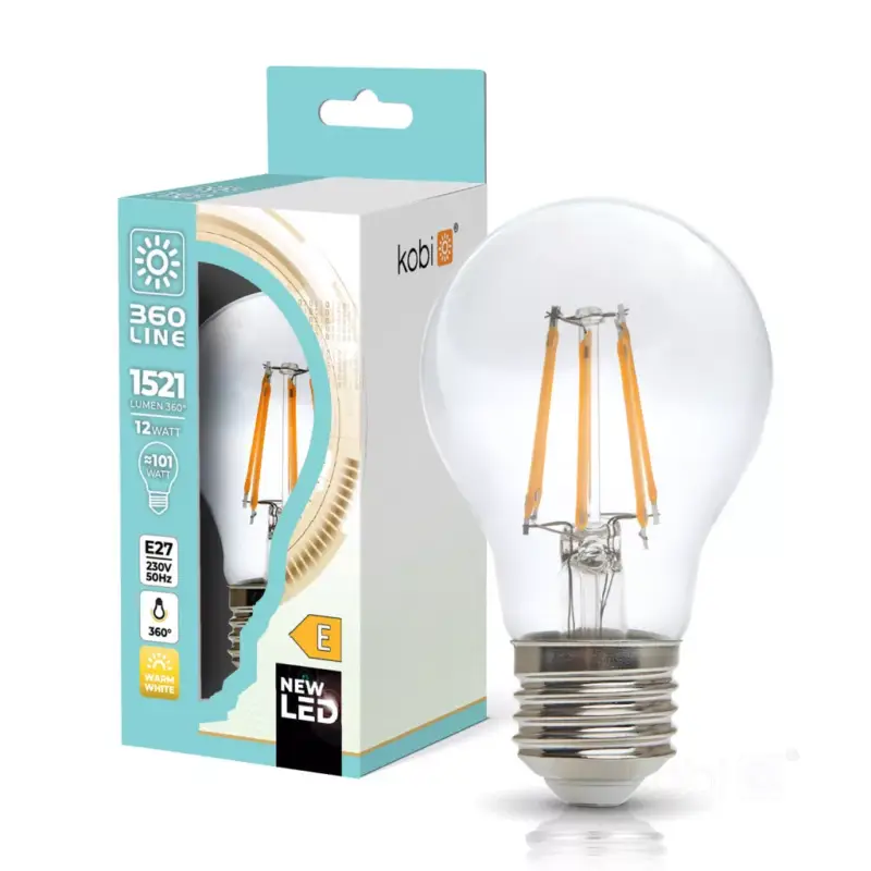 Korlátozott ajánlat E27 LED-fényforrás, 12 W, filament, Meleg fehér WW 3000K 1521lm, KOBI-004085 KOBI