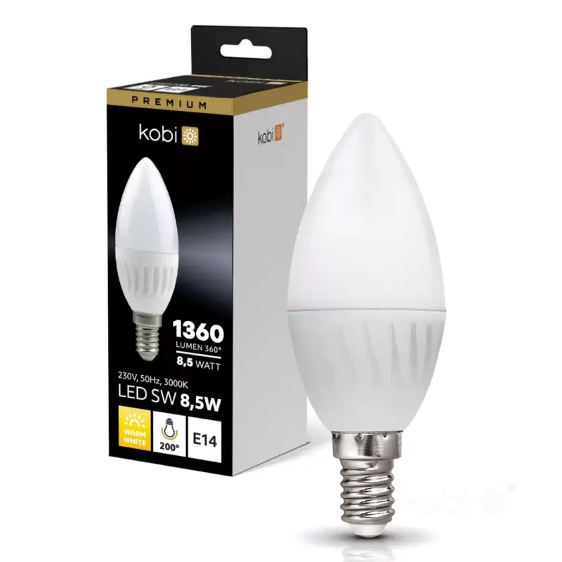 Exkluzív ajánlat E14 LED-fényforrás, 8.5 W, Meleg fehér, Prémium WW 3000K 1360lm, KOBI-004458 KOBI