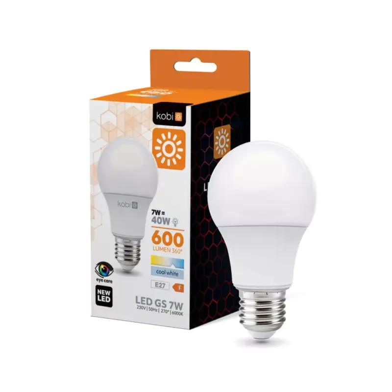 E27 LED-fényforrás, 7 W, Hideg fehér CW 6000K 600lm, KOBI-001192 KOBI Népszerű