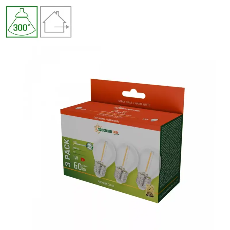 Kedvezményes ár E27 LED-fényforrás, 1 W, filament, Meleg fehér WW 2700K 60lm, WOJ14581_3PACK SpectrumLED
